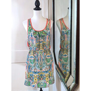 Y2K Paisley Racerback Mini Dress M Coral Vibrant Artsy Fairy Boho Summer GLAM